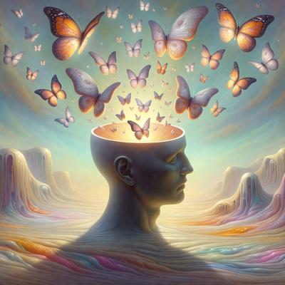 The primary subject of the image is a head with a brain, which is the main focus of the image. The setting is a colorful and vibrant background, featuring a sky filled with butterflies. The visual style is a digital art or illustration, creating a whimsical and imaginative scene. The colors and mood are lively and cheerful, with the butterflies adding a sense of movement and liveliness to the image.